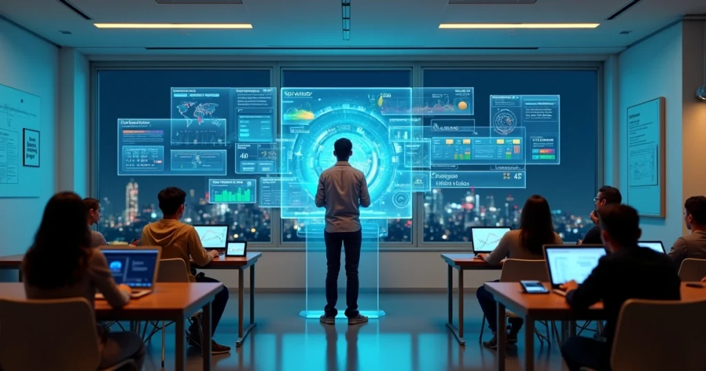 Sala de aula com professor e estudantes interagindo com dashboards holográficos