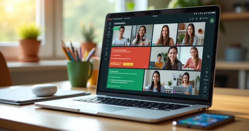 Alunos conectados em aula online com tela de notebook exibindo plataforma educacional