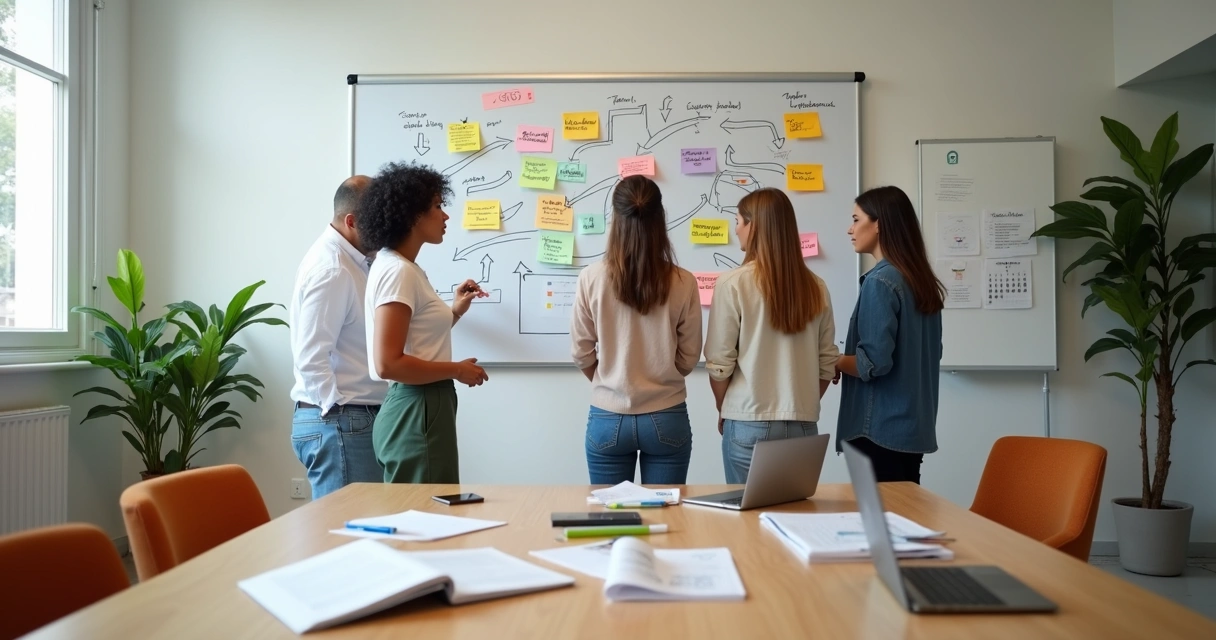 Equipe escolar planejando estratégias de captação em parede com post-its coloridos