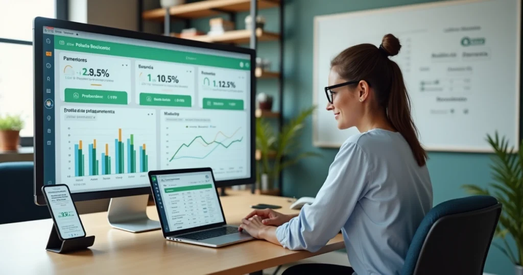 Gestor de curso livre analisando inadimplência e pagamentos em painel digital