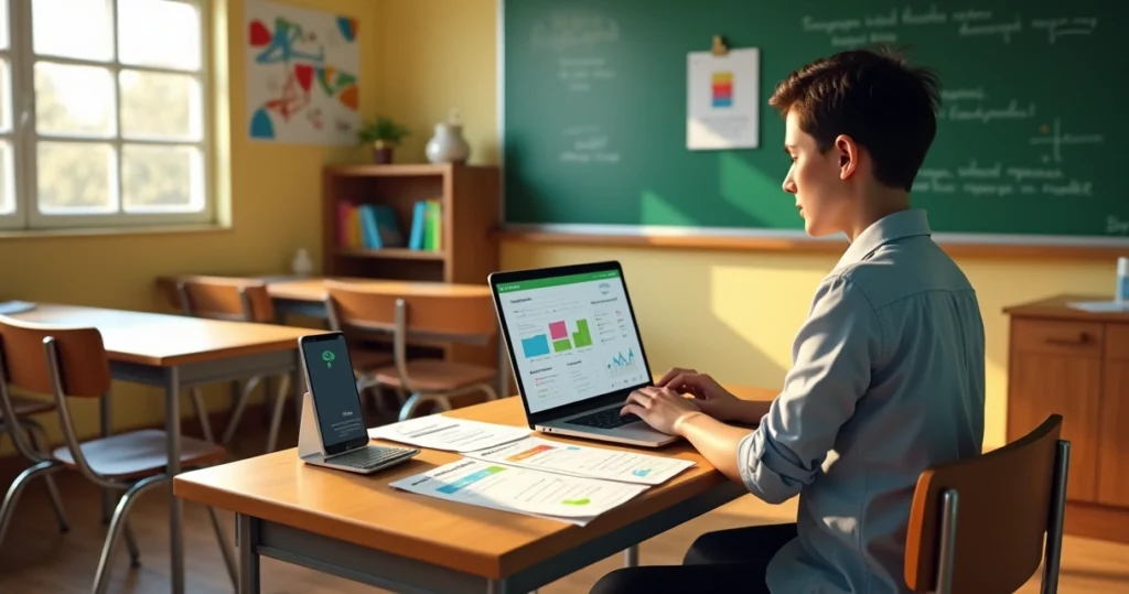 Diretora de escola pequena comparando sistemas de gestão em notebook na sala de aula vazia
