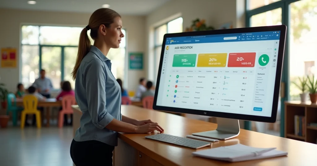 Gestor de escola pequena usando sistema de gestão digital em sala com poucos alunos