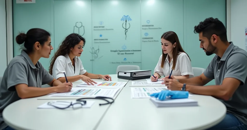 Gestores planejando curso técnico em saúde com prontuários e símbolos médicos