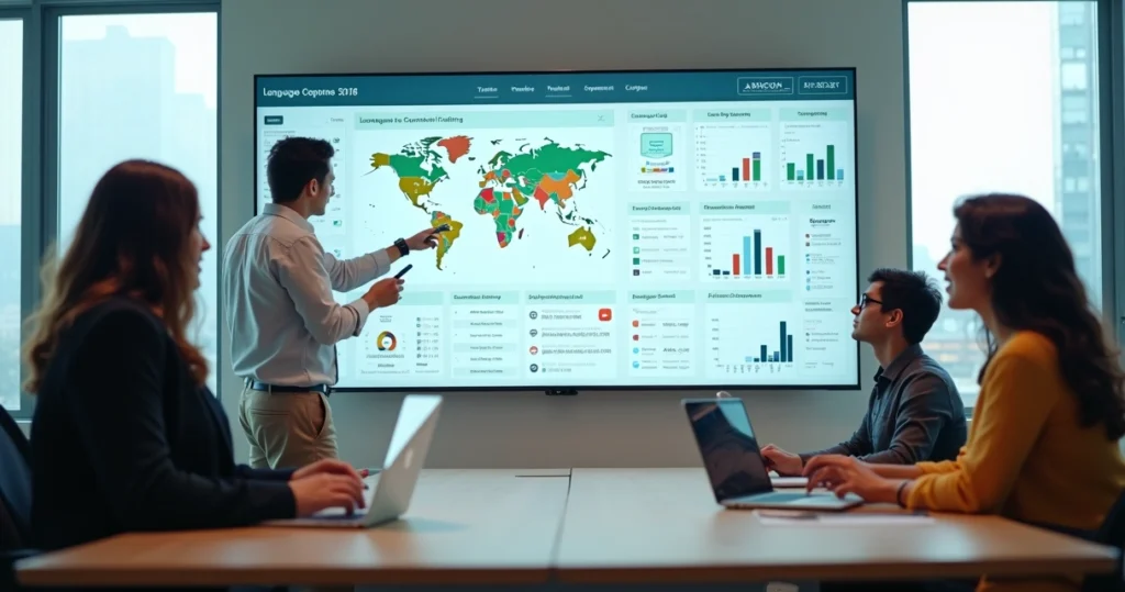 Painel digital de gestão escolar com mapas de idiomas em sala moderna