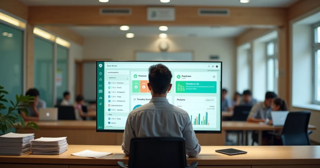 Secretaria escolar moderna com atendente usando painel digital centralizado