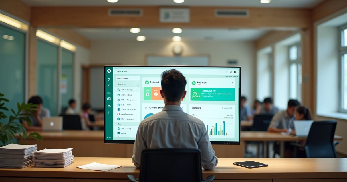 Secretaria escolar moderna com atendente usando painel digital centralizado