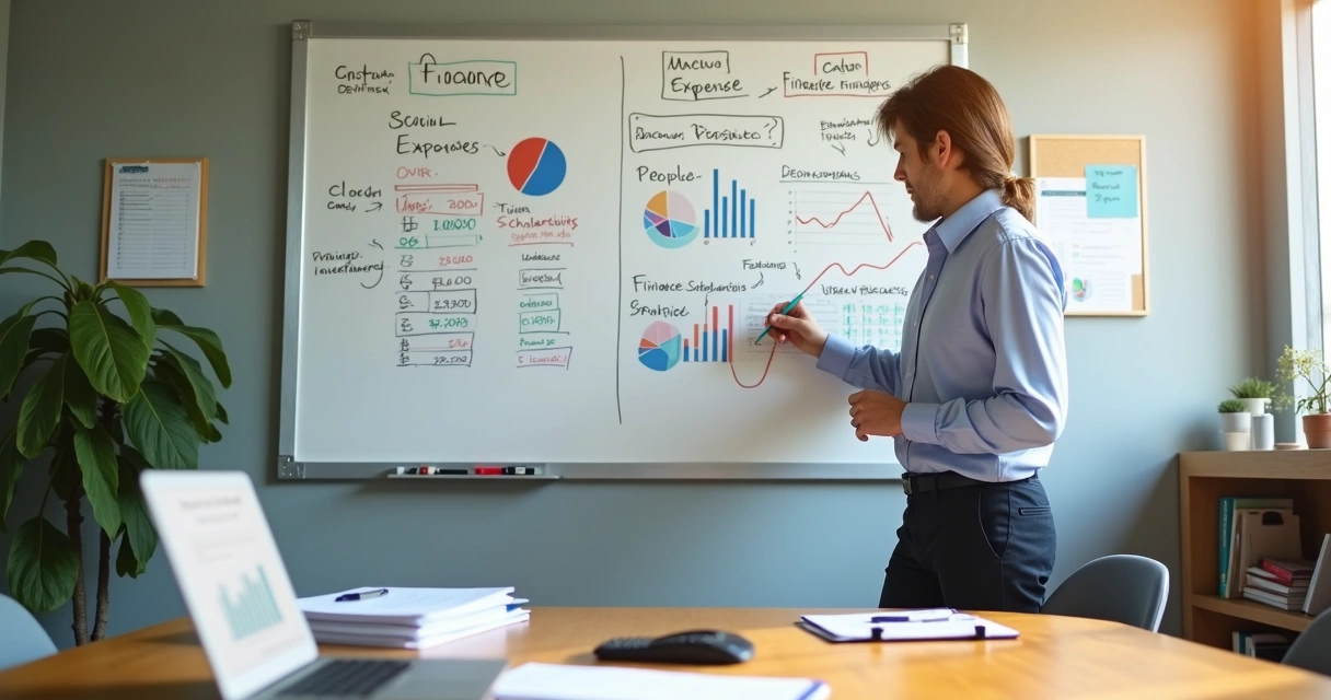 Gestor financeiro escolar ajustando painel de fluxo de caixa em quadro branco