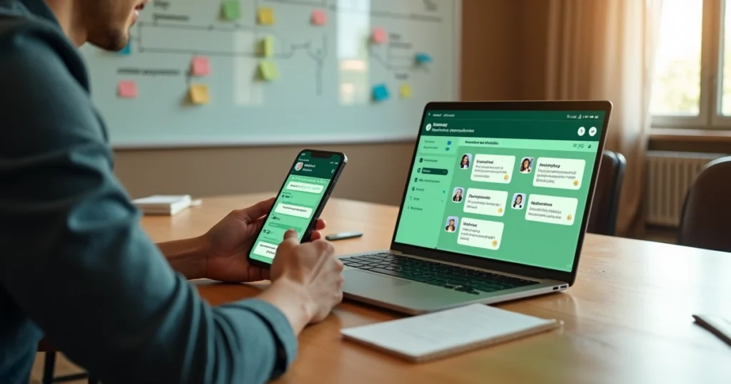 Gestor escolar organizando contatos do WhatsApp da escola em painel com funil de matrículas