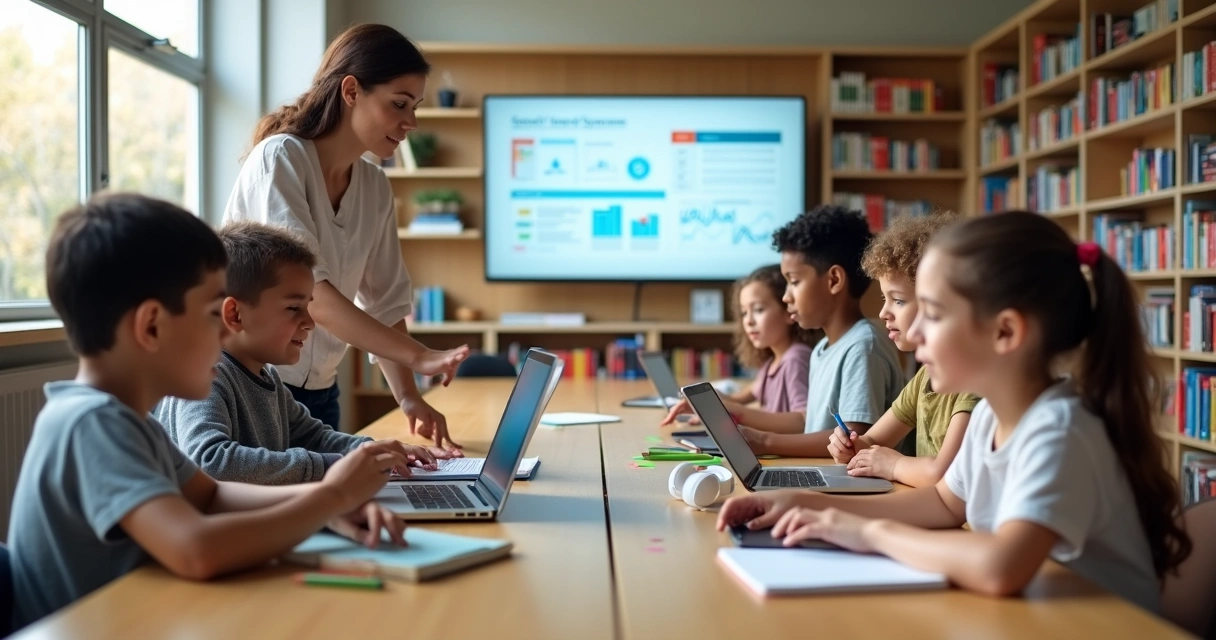 Professora em biblioteca moderna ajudando alunos a usar aplicativos e plataformas educacionais em diferentes dispositivos