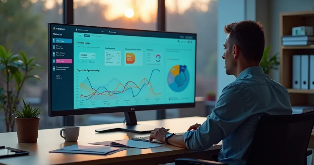 Gestora escolar analisando painel financeiro digital em escritório moderno