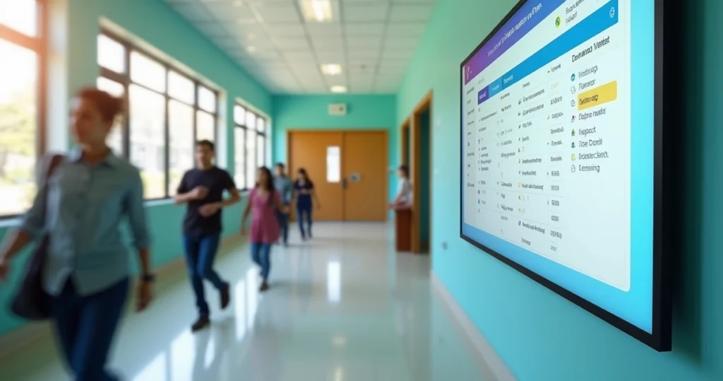 Corredor escolar com tela digital exibindo gestão de matrículas online