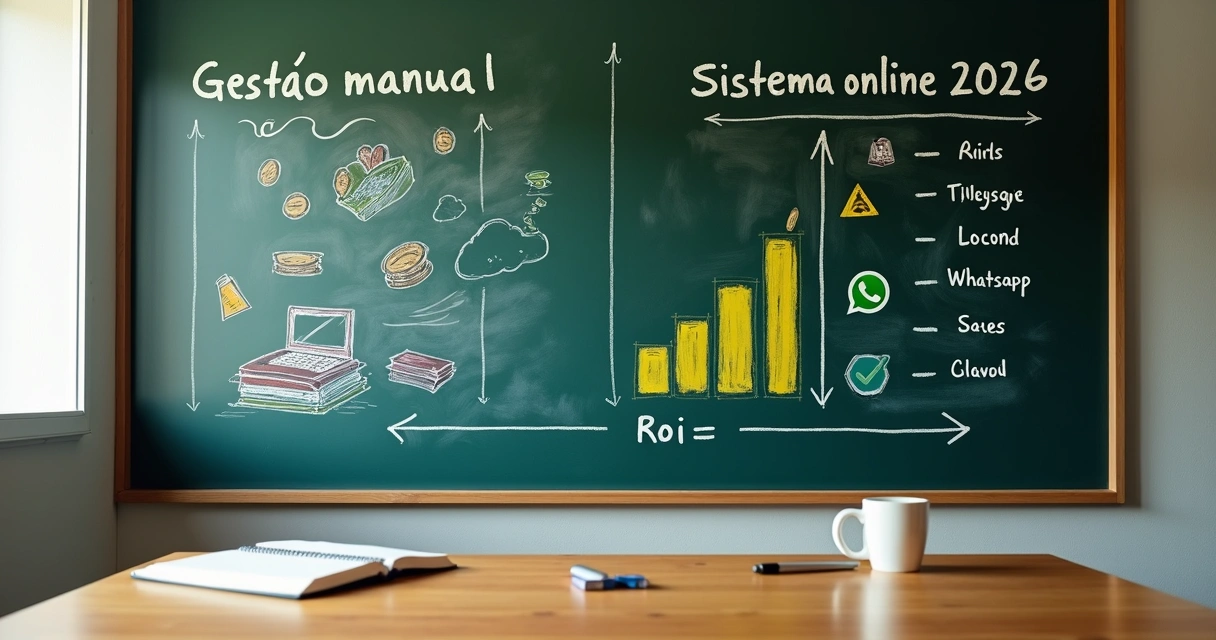 Quadro negro com desenho de comparativo de custos de gestão escolar digital e manual