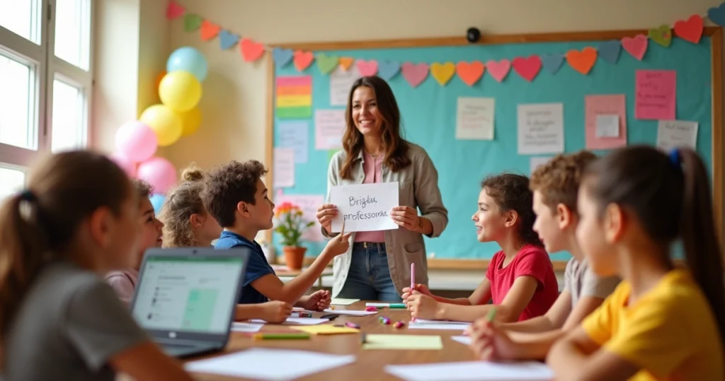 Professora sendo homenageada por alunos em sala de aula decorada
