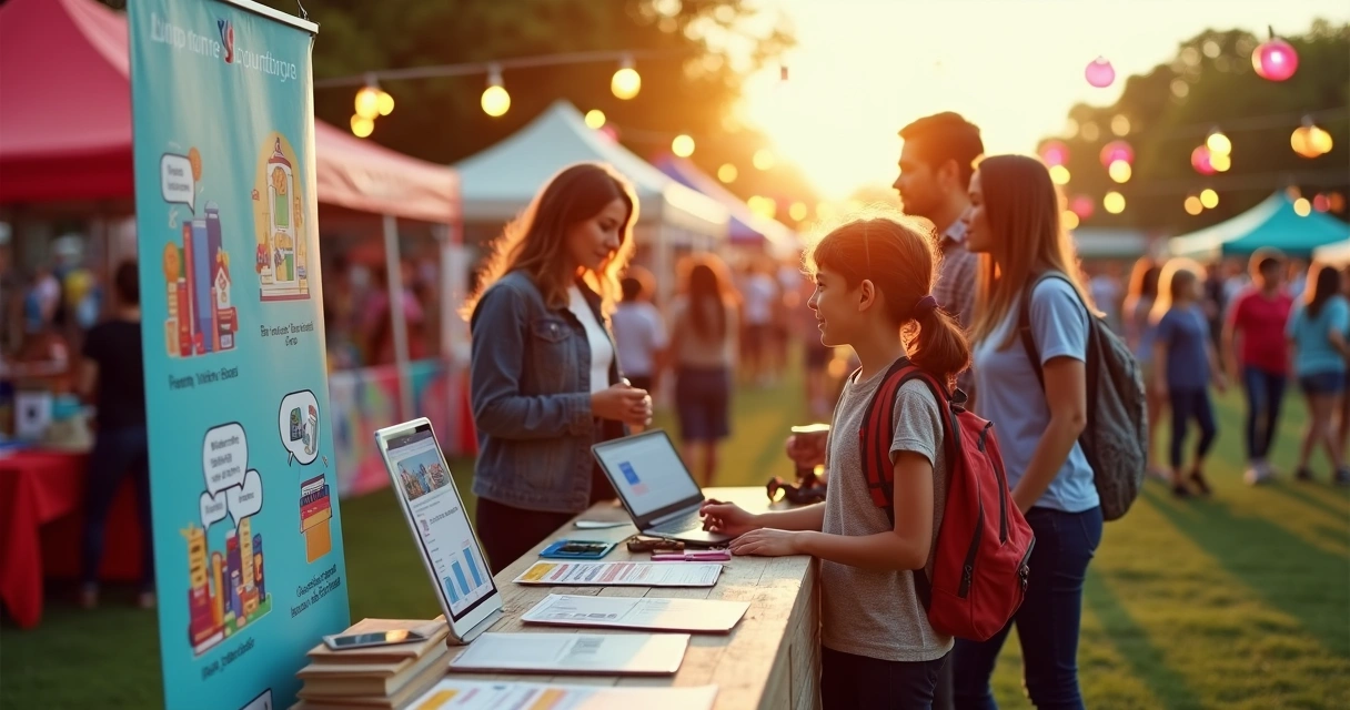Diretora escolar apresentando estande informativo em feira comunitária lotada