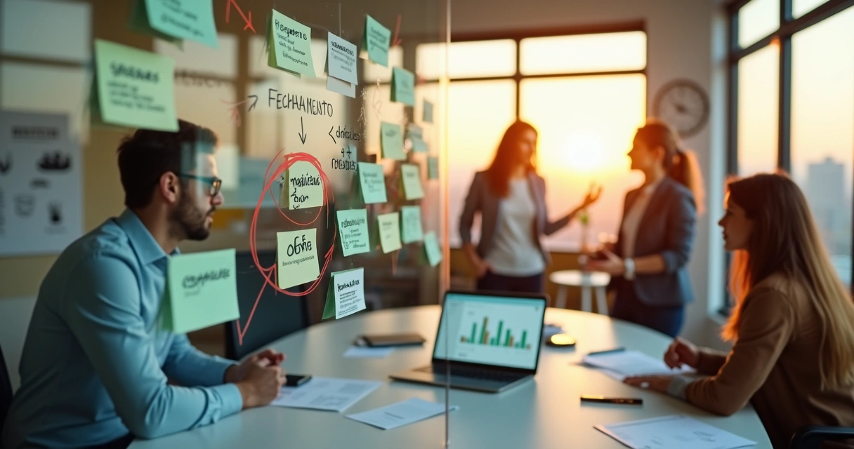 Gestores educacionais em reunião discutindo novas matrículas em quadro de vidro