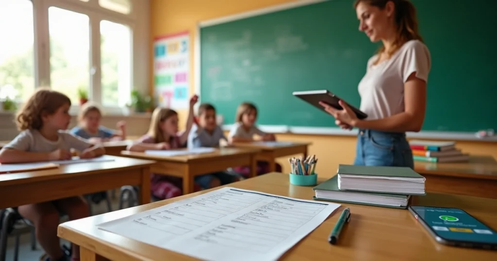 Professora usando tablet para marcar presença em lista de chamada digital em sala de aula