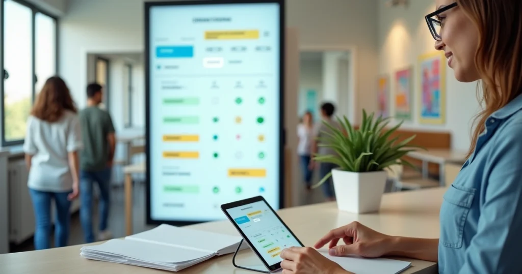 Calendário escolar com pagamentos recorrentes organizados em painel digital