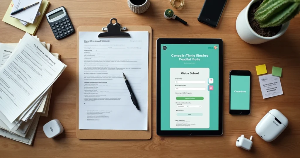 Mesa dividida com ficha de matrícula em papel de um lado e tablet com formulário online do outro