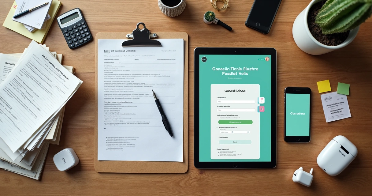 Mesa dividida com ficha de matrícula em papel de um lado e tablet com formulário online do outro