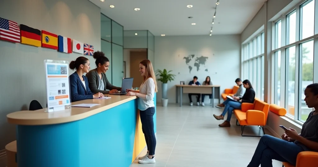 Recepção moderna de escola de idiomas atendendo novos alunos