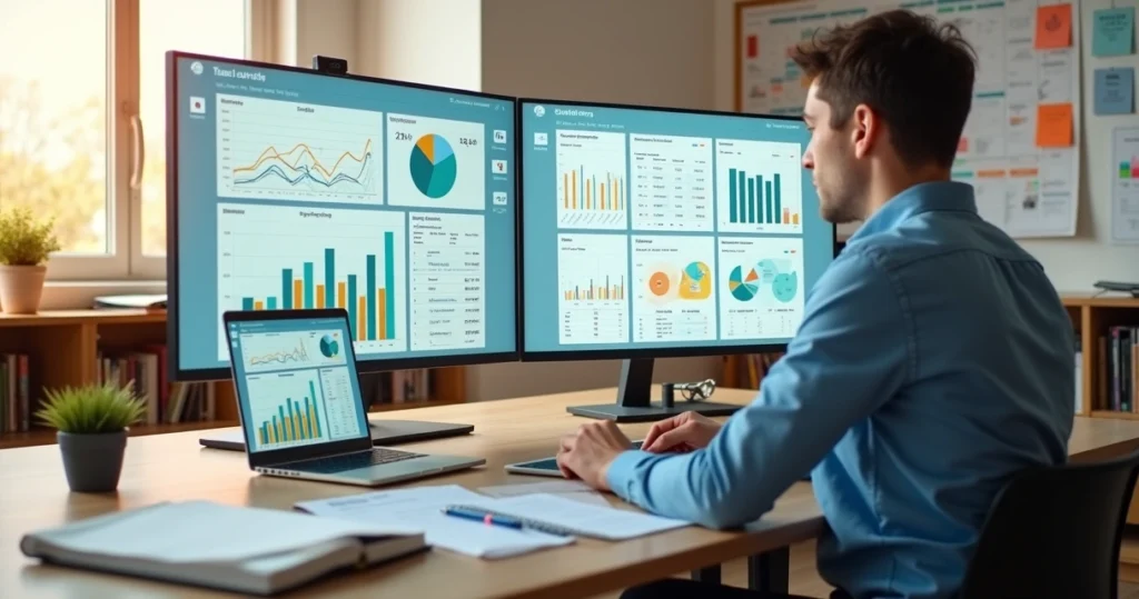 Gestor escolar analisando relatórios escolares em grande tela com gráficos coloridos