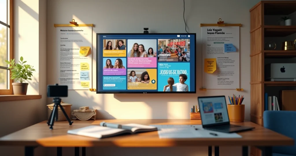 Painel com conteúdos de rede social de uma escola em diferentes formatos