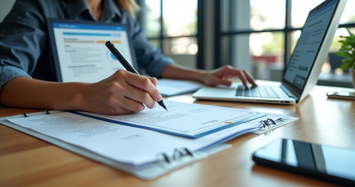 Profissional conferindo certificados e contratos de curso em mesa com laptop