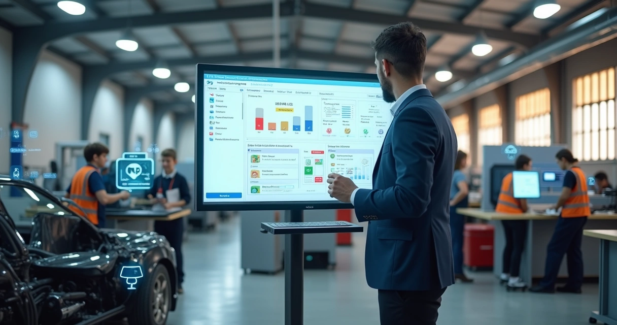 Gestor de curso profissionalizante usando painel digital em oficina moderna