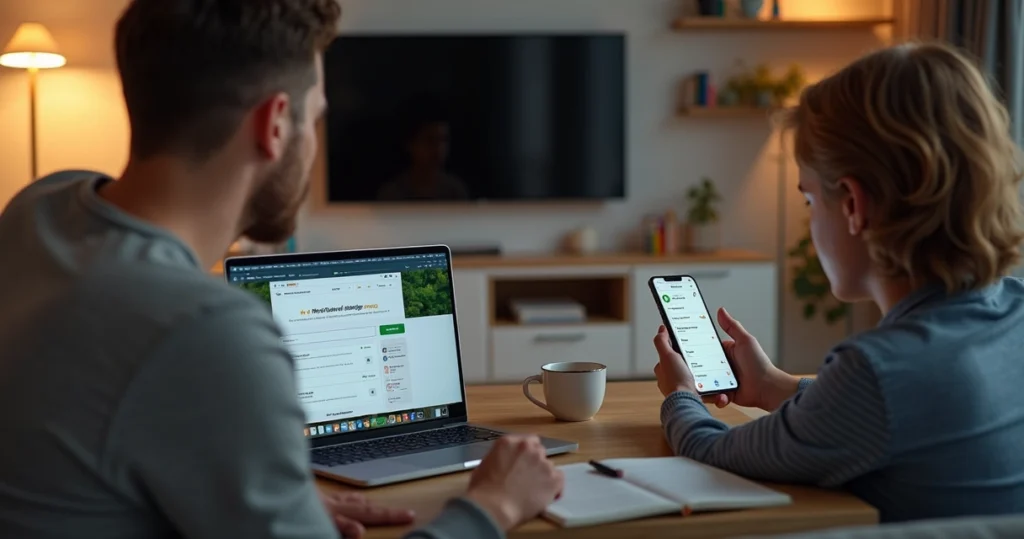 Pais analisam escolas particulares em notebook e celular lado a lado no sofá