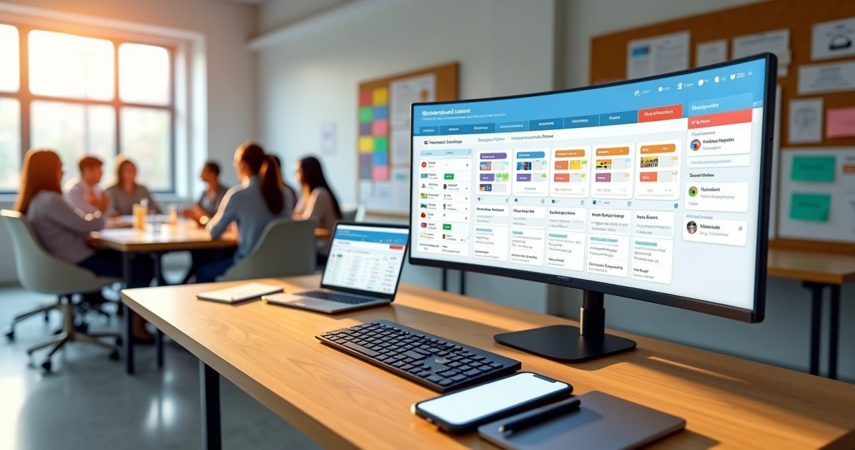 Sala de coordenação com painel de CRM exibindo matrículas e funil de alunos em escola de idiomas