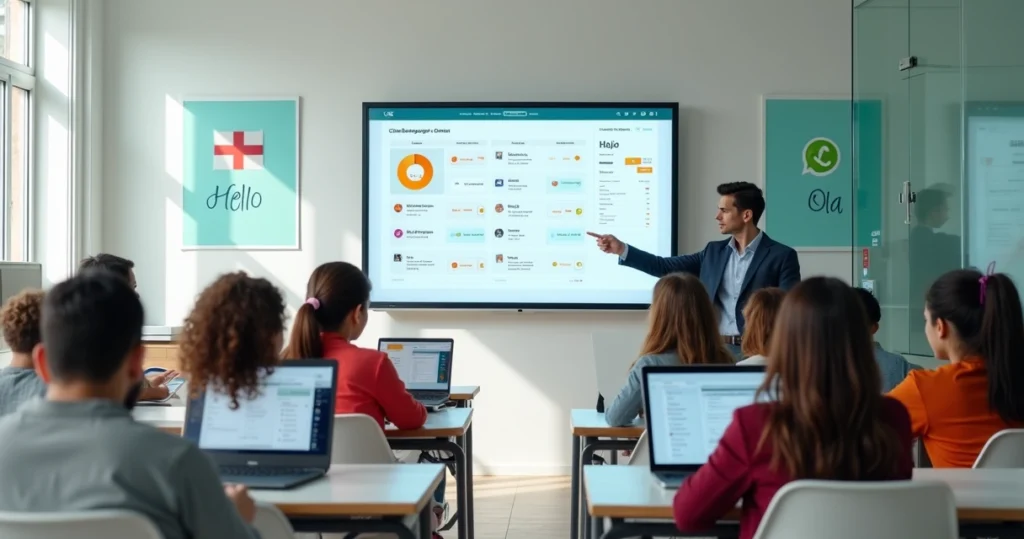 Sala de aula de idiomas moderna com tela digital de gestão escolar