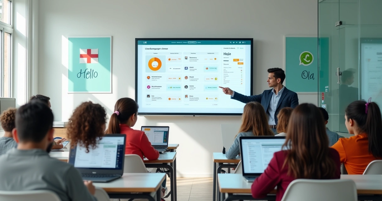 Sala de aula de idiomas moderna com tela digital de gestão escolar