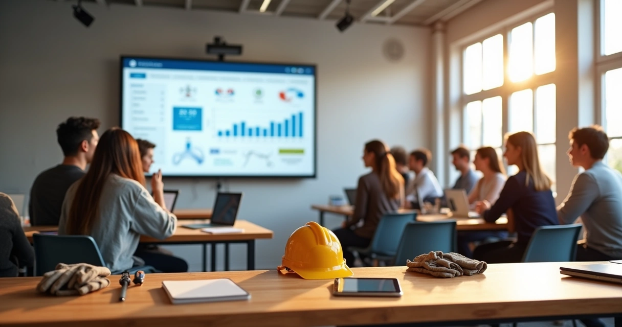 Sala de treinamento de curso profissionalizante com painel digital de gestão ao fundo