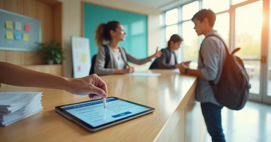 Diretor escolar e responsável assinando contrato digital de matrícula em tablet