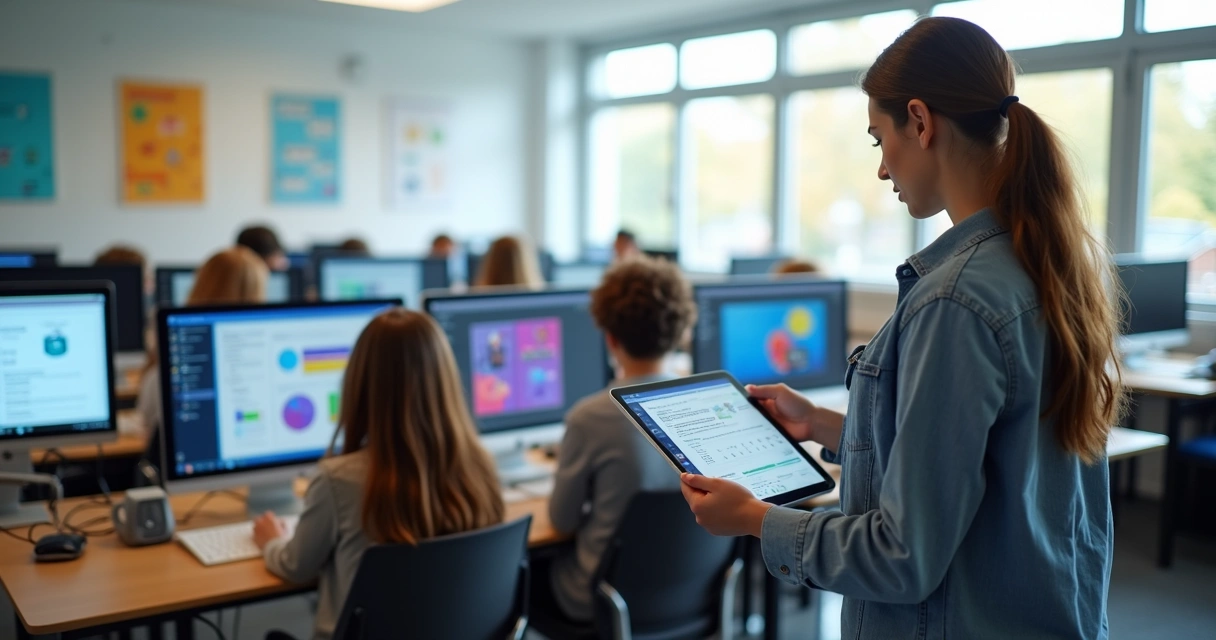 Professora acompanha avaliações online de alunos em sala de informática moderna