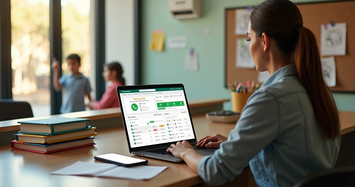 Gestora escolar em secretária moderna automatizando cobranças pelo WhatsApp em notebook