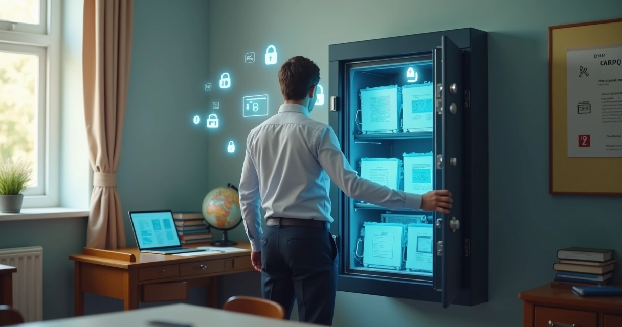 Diretora de escola abrindo cofre digital com pastas de alunos e cadeados virtuais