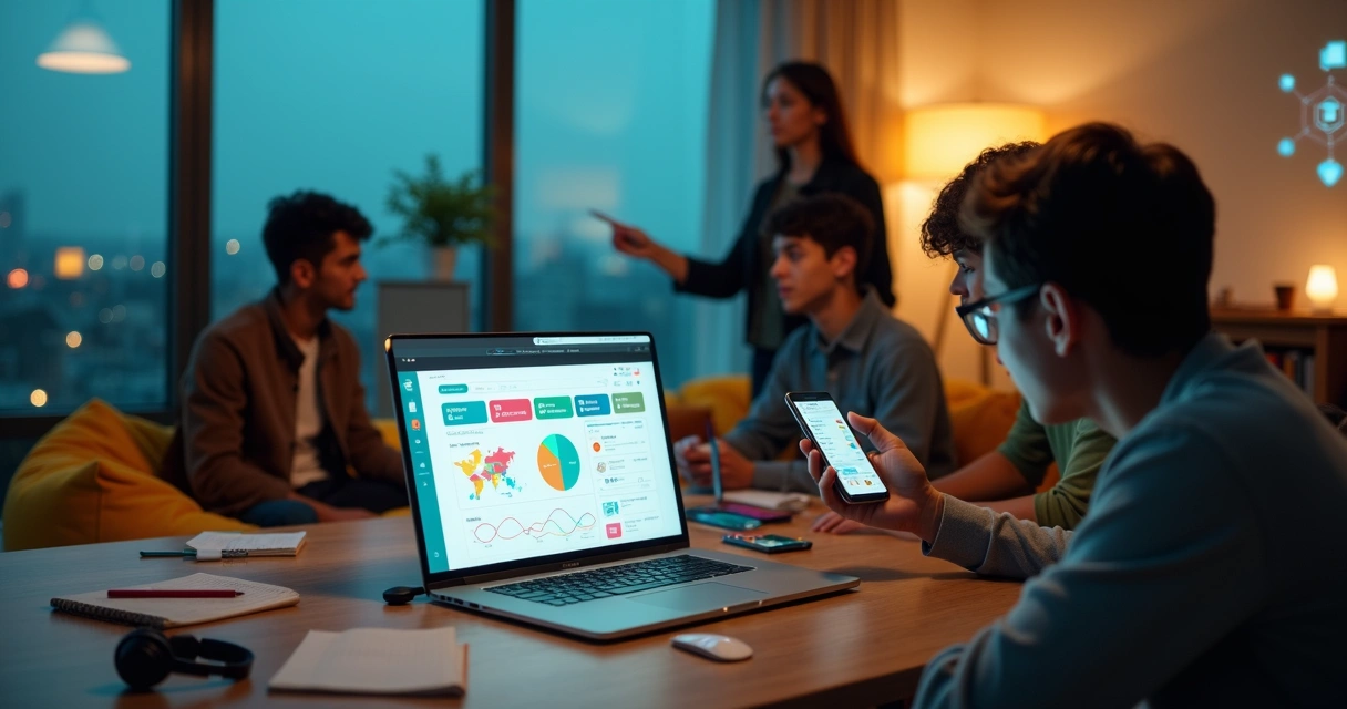 Alunos visualizam painel gamificado de aprendizagem em smartphones e notebook