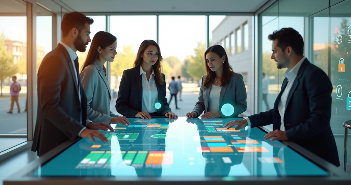 Equipe escolar em torno de painel digital central de gestão conectada