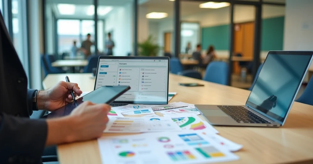 Gestor escolar comparando opções de plataforma de gestão em mesa com dispositivos digitais