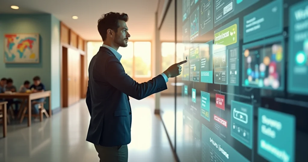 Gestor escolar compara funcionalidades de software de gestão em tela interativa