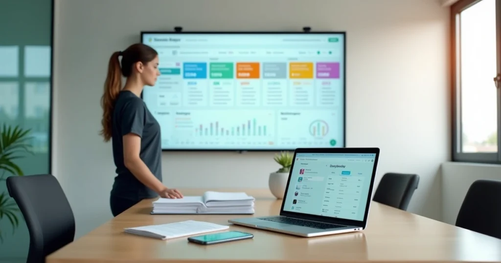 Gestora escolar organizando grade de aulas em painel digital
