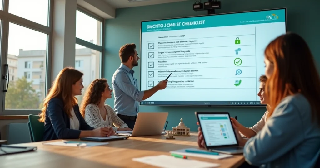 Gestores escolares analisam checklist digital de software de gestão em grande tela na sala de reuniões