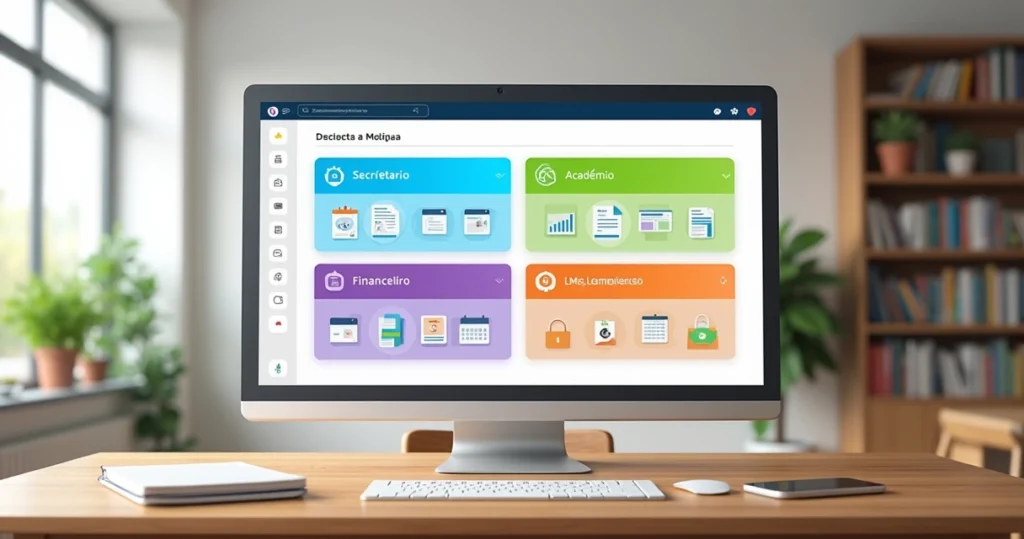 Painel dividido mostrando módulos acadêmico financeiro comunicação e LMS de sistema de gestão escolar