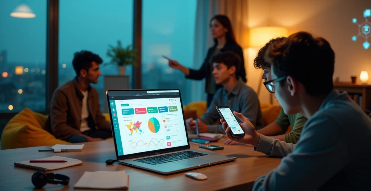 Alunos visualizam painel gamificado de aprendizagem em smartphones e notebook