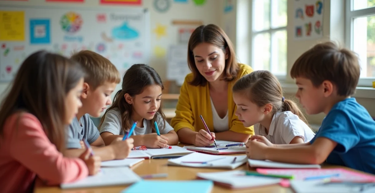 Crianças e adolescentes participando de atividade extracurricular em sala com professor orientando, ambiente escolar colorido, quadro branco ao fundo com desenhos e materiais educativos sobre a mesa