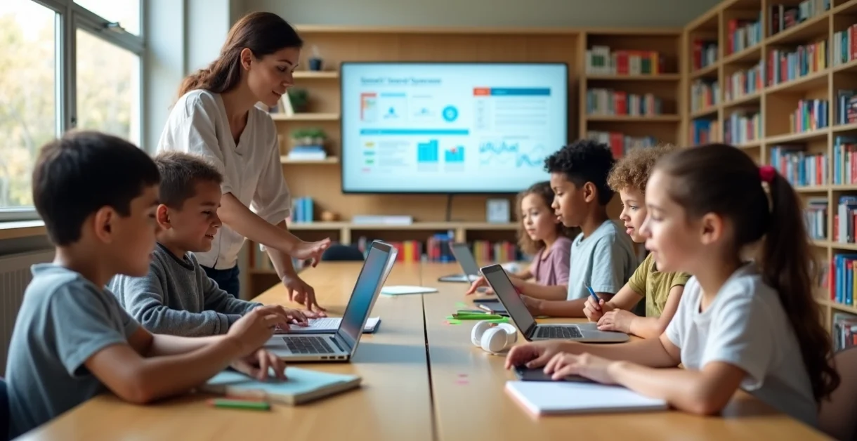 Professora em biblioteca moderna ajudando alunos a usar aplicativos e plataformas educacionais em diferentes dispositivos