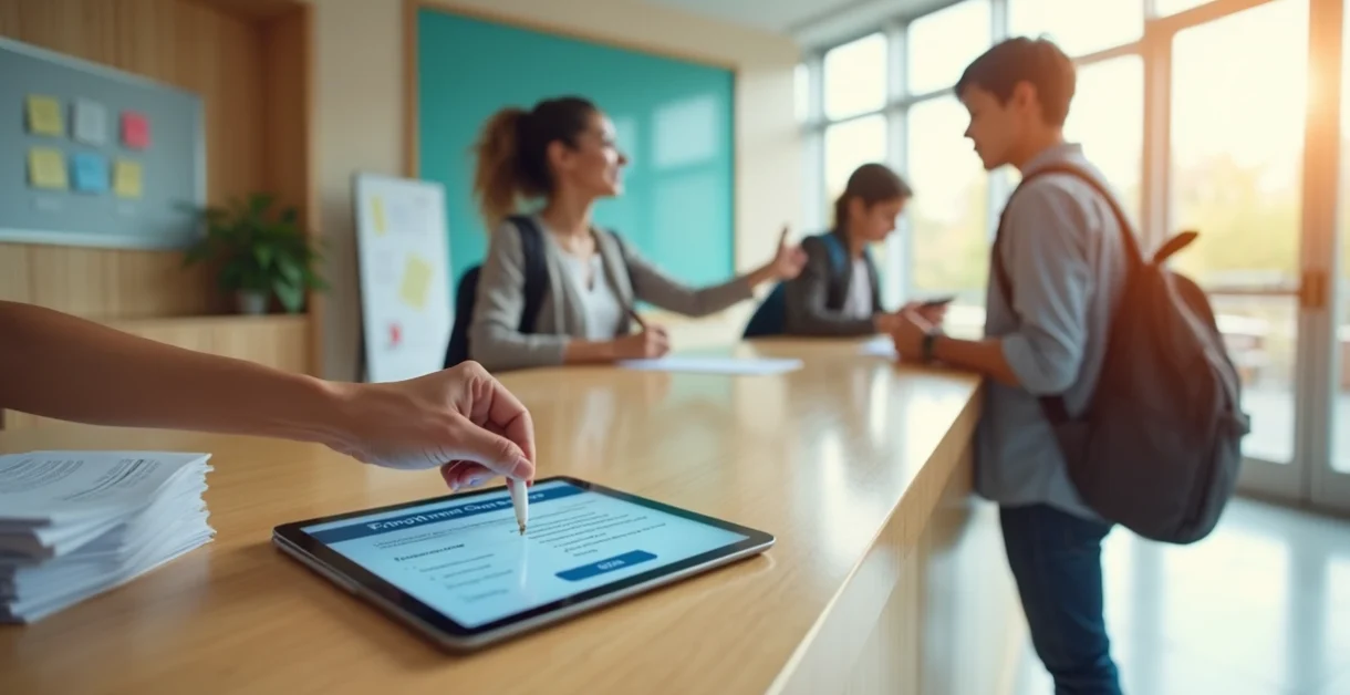 Diretor escolar e responsável assinando contrato digital de matrícula em tablet