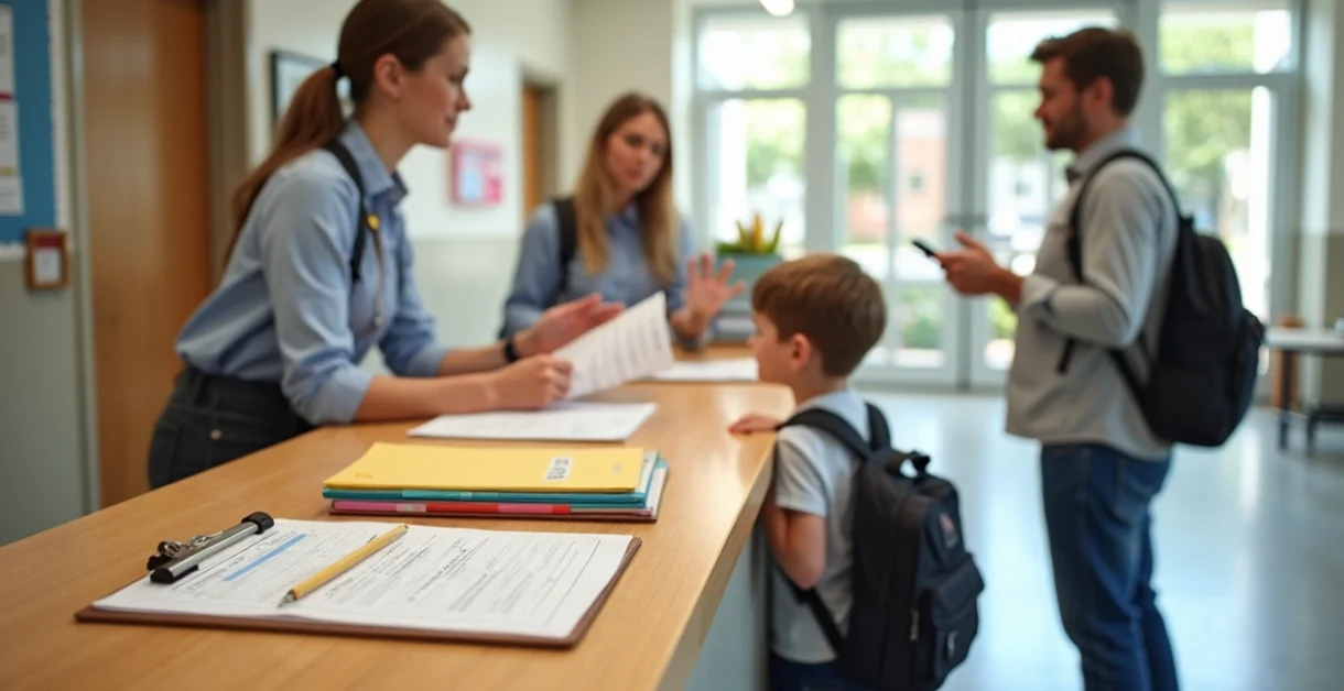 Secretária atende pais em recepção de escola com materiais do aluno sobre o balcão