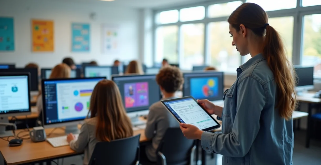 Professora acompanha avaliações online de alunos em sala de informática moderna